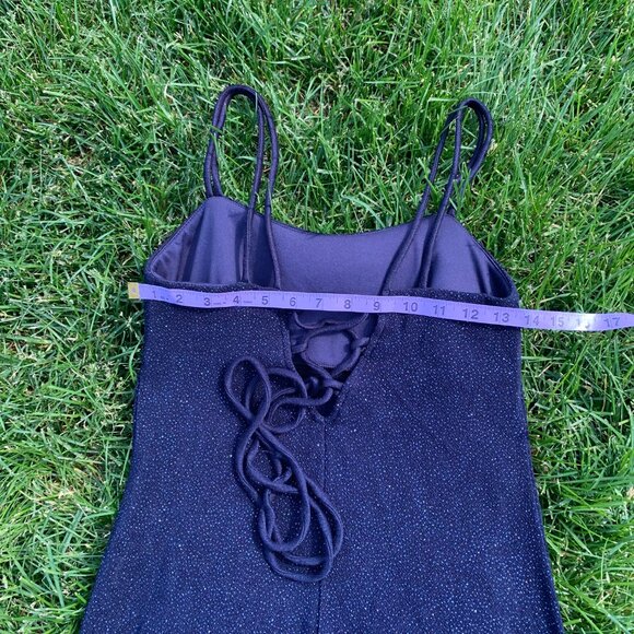 Vintage Maxi Slip Dress Navy Sparkle Stretch Tie Back Sleeveless Evening Gown - Picture 13 of 16